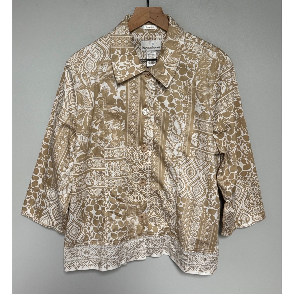 Drapers & Damons Paisley Floral Patchwork Button Up Jacket Size 16 Tan White